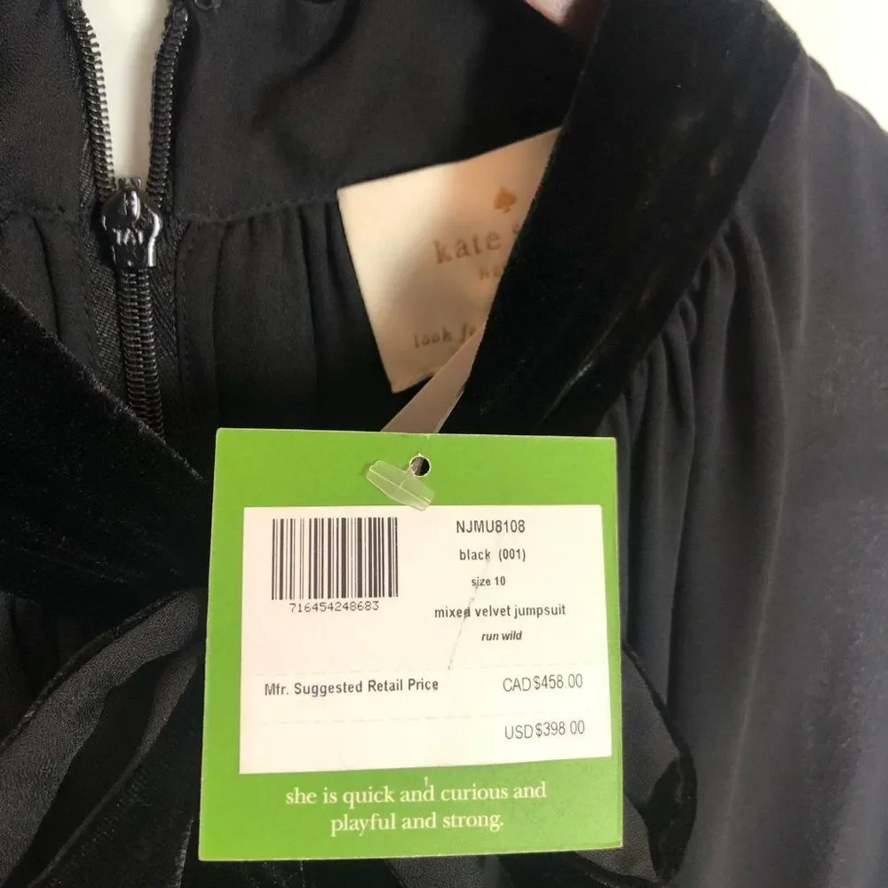 NWT Kate Spade Black Mixed Velvet Cropped Jumpsuit